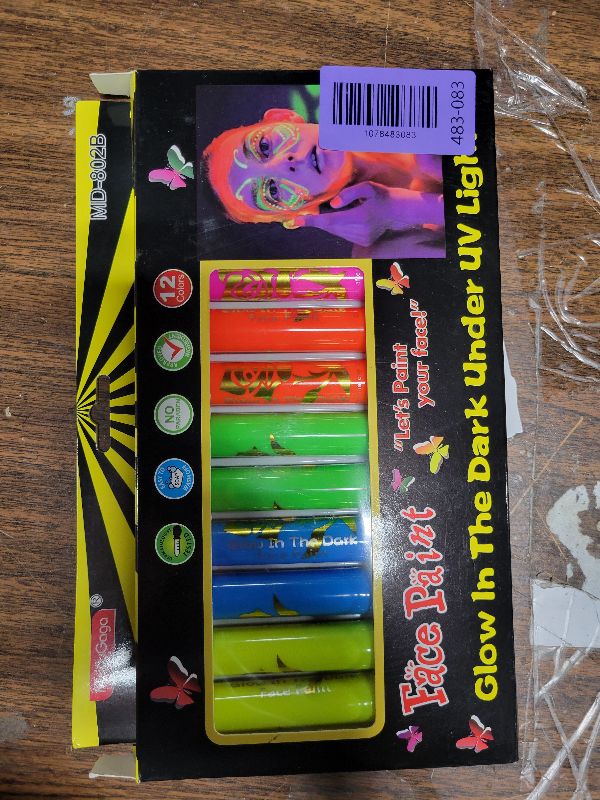 Photo 1 of 12 PCS Glow Face Body Paint, Glow In The Dark Under UV Black Light Sticks Makeup Neon Face Painting Kits for Adult Halloween Festival Accessory Glow Party Supplies