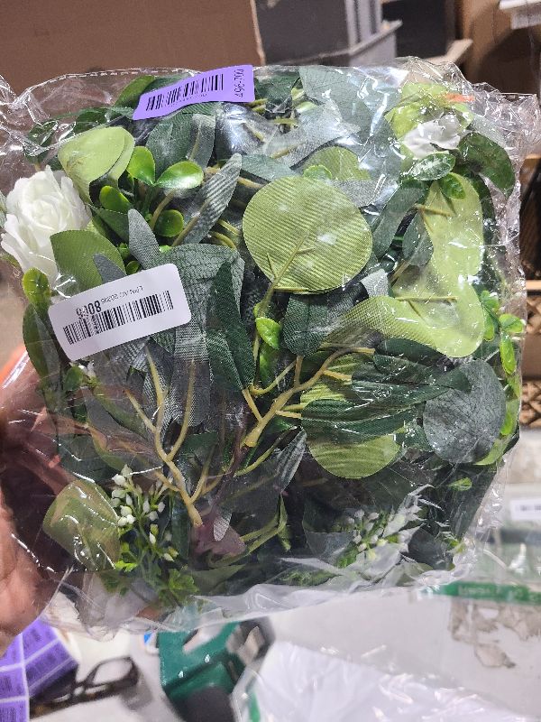 Photo 1 of 2 Pack Artificial Spring Eucalyptus Flower Garland with White Roses, 13Ft Fake Flower Greenery Floral Green Garland Vines for Wedding Arch Table Runner Backdrop Mantle Home Decorations (White)