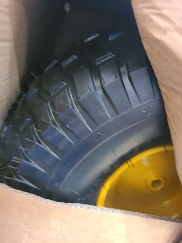 Photo 1 of 2PC 20x10.00-8 Tubeless Tires and Wheels for Riding Mowers, Lawn Tractors, & Garden Equipment, 10" wide tires, 3/4" Bore, 3.5" Offset Hub, 4-Ply Construction, Anti-Slip & Durable for Heavy-Duty Use.