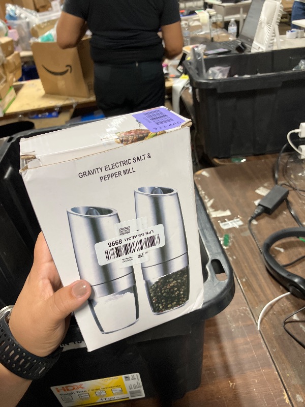 Photo 1 of 2 Pack Gravity Electric Salt and Pepper Grinder Set, Battery Powered One-Hand Tilt to Grind, Adjustable Coarseness, Blue LED Light, Large Refill Chamber, Non-Slip Olive Shape(Sliver)