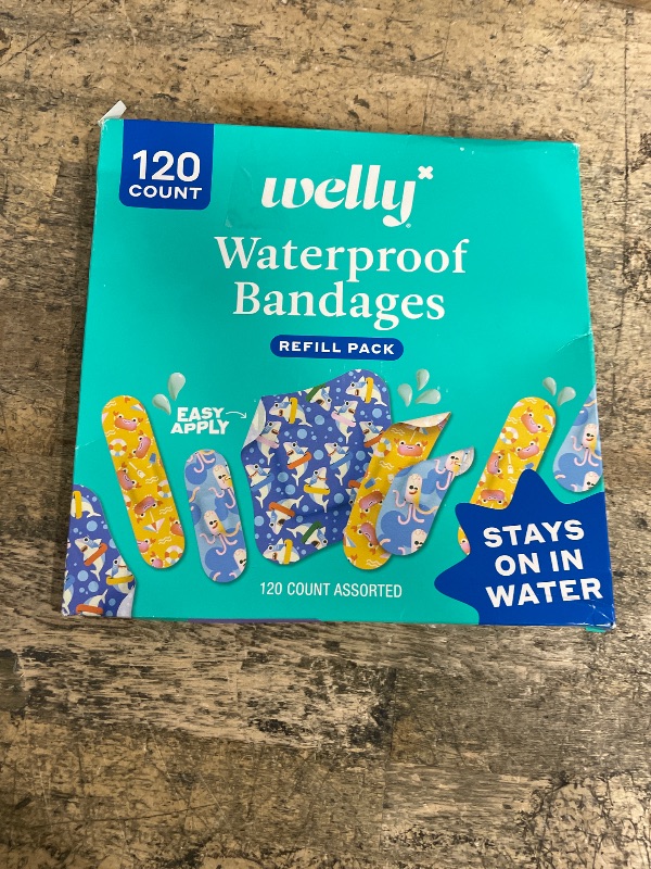 Photo 1 of **MISSING A BUNCH** Welly Bandage Ocean Friends Refill Pack | Splashflex Adhesive Flexible Waterproof Bandages | Assorted Shapes and Patterns for Minor Cuts, Scrapes, and Wounds - 120 Count