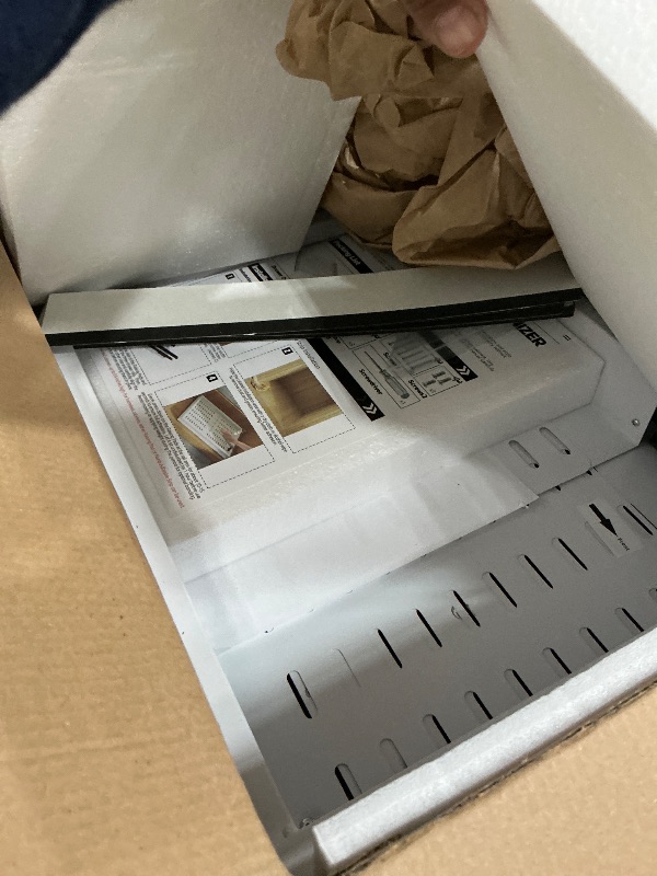 Photo 1 of ***MISSING ONE/USED MAY HAVE ISSUES WITH FUNCTIONALITY**

***Seinloes Pull Out Cabinet Organizer, 4-Side Expandable to Fit Most Cabinets, 3 Rail Slide Out Drawers with Raising Pad for Framed & Frameless Cabinets, 13"-21" W x 17"-24" D, White, 1  Pack