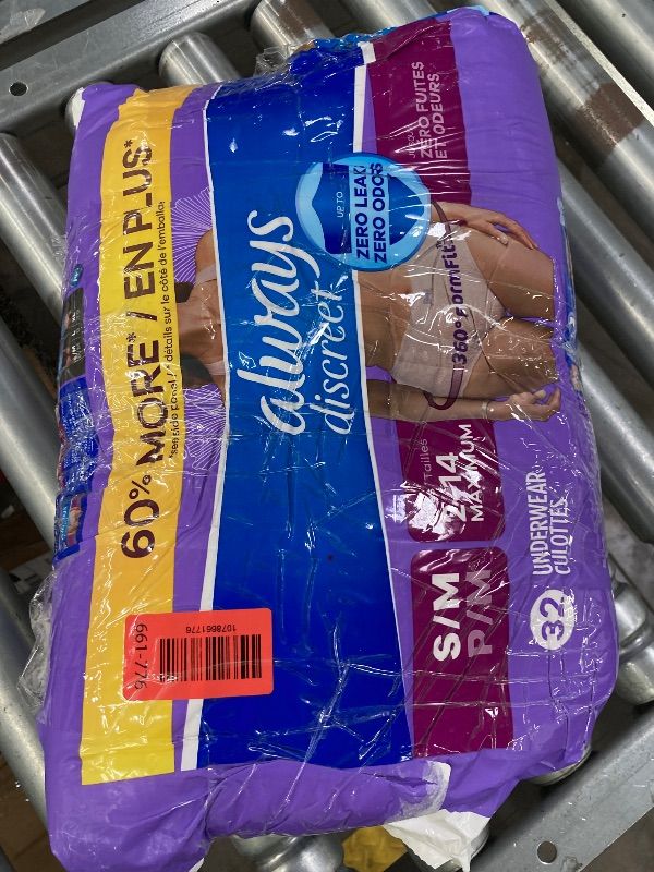 Photo 1 of ***DAMAGED PACKAGE***Always Discreet Adult Diapers for Women, Incontinence Underwear, Postpartum Essentials, Disposable Briefs, Max Absorbency, Bladder Leak Protection, Small/Medium, 32ct