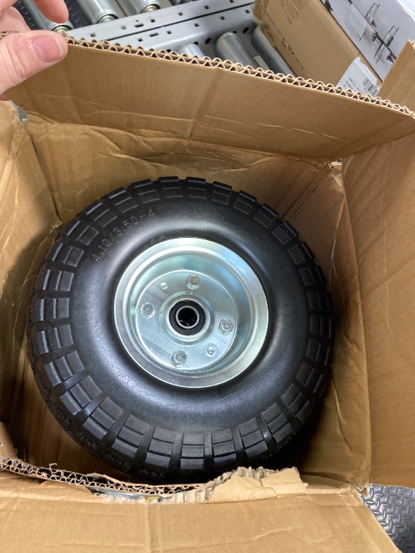 Photo 1 of (2 Pack) 10 Inch Solid Polyurethane Tire 4.10/3.50-4 Tire, 10" Flat Free Wheels with 5/8" Bearings, 2.2" Offset Hub for Garden Cart, Hand Truck, Lawn Cart, Mower