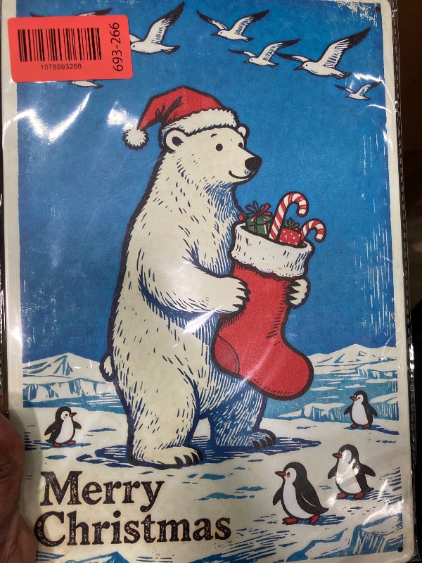 Photo 1 of ?UrLLssMo Vintage Christmas Tin Sign - 12x8 Inch - Featuring a Cheerful Polar Bear in Festive Arctic Scene with the Text "MERRY CHRISTMAS"?