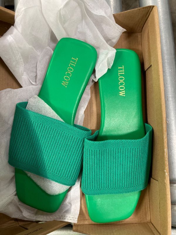Photo 1 of ***COLOR IS GREEN***Tilocow Knitted Flat Sandals For women Square Open Toe Slide Sandals Casual Summer Shoes SIZE 7.5 GREEN