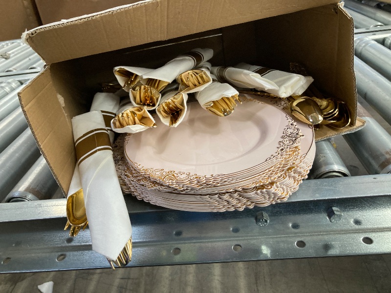 Photo 1 of ***MISSING THE CUPS*** Nervure 175PCS Pink Plastic Plates - Disposable Pink Gold Party Plates & Pre Rolled Napkins with Cutlery for 25 Guests, 50Plates, 75Silverware, 25Cups, 25Napkin for Wedding & Party