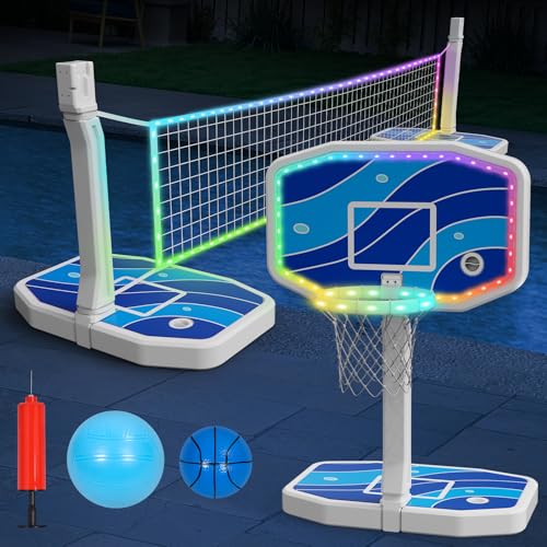 Photo 1 of ***PARTS ONLY***Jocoevol 2-in-1 LED Pool Basketball Hoop Poolside & LED Pool Volleyball Net Set Swimming Pool Basketball Goal Outdoor for Kids Teens Adults Light Up Pool Toys Pool Games for Inground Pools - Y-JOC-J-0853
