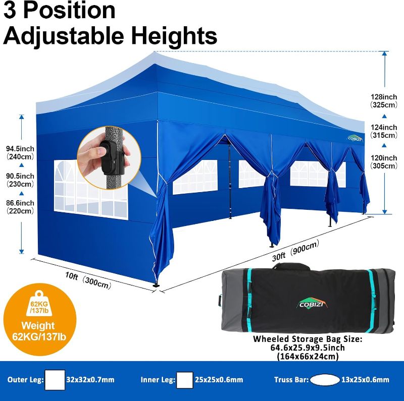 View 1 of ****BLUE SIDEWALLS-COVERS ONLY/NOT IN ORIGINAL BOX*****10x30 Pop Up Canopy Tent with 8 Sidewalls,Heavy Duty Canopy,Blue | Popup Gazebo,High Stability,All Season Wind&Waterproof,UPF 50+,Outdoor Wedding Backyard Deck Tent BLUE