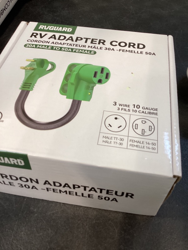View 2 of RVGUARD 30 Amp to 50 Amp RV Adapter Cord 12 Inch, NEMA TT-30P to NEMA 14-50R, Dogbone Electrical Converter with LED Power Indicator and Disconnect Handle, Green, ETL Listed