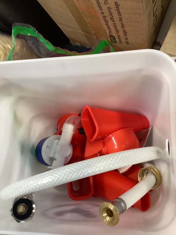 Photo 1 of Chicken Waterer, 3 Gallons Automatic Chicken Waterers with 5ft Pipe, Float Controlled Automatic Poultry Water Feeder, 5 Chicken Waterer Cups (Red, 3 Gallons)