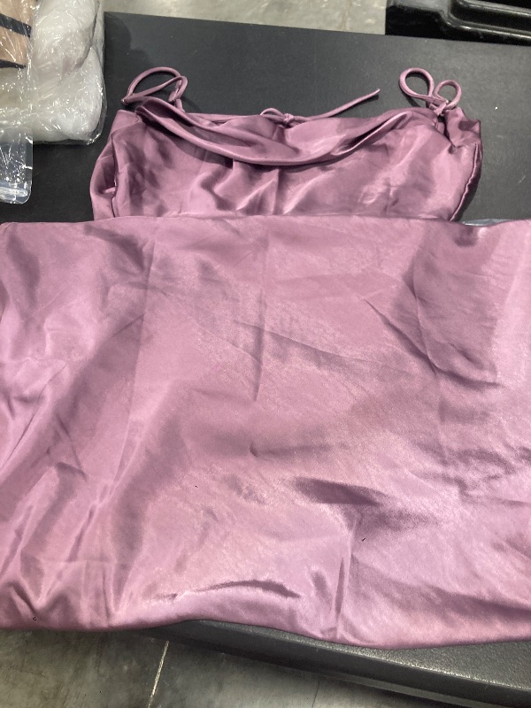 Photo 1 of Mogidol Summer Satin Spaghetti Strap Cowl Neck Backless Midi Dresses for Women Elegant Tie Low Back Ruched Cocktail Dress Grape