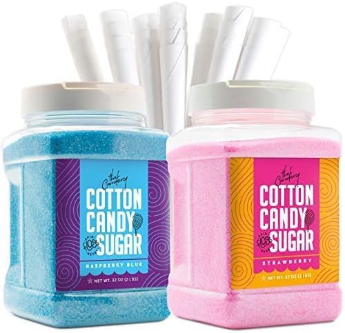 Photo 1 of The Candery Cotton Candy Floss Sugar 32oz (2-Pack) Includes 100 Premium Cones | Raspberry Blue and Strawberry | Plastic, Reusable Jars | Easy Pour Spout or Scoop | Includes Scooper | 2 LBS Jars
