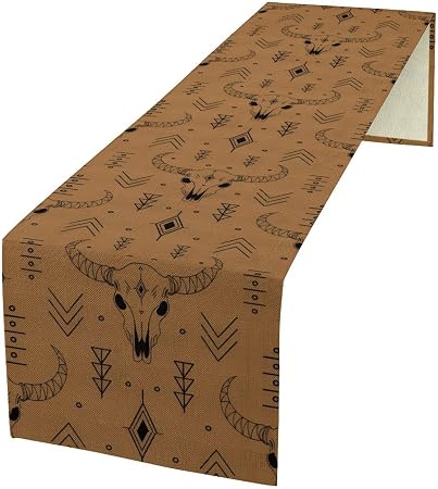 Photo 1 of Rustic Western Table Runner, Vintage Bull Skull Boho Tribal Geometric Print Table Runner for Kitchen Dining Party Home Decor, 13x36 Inch
