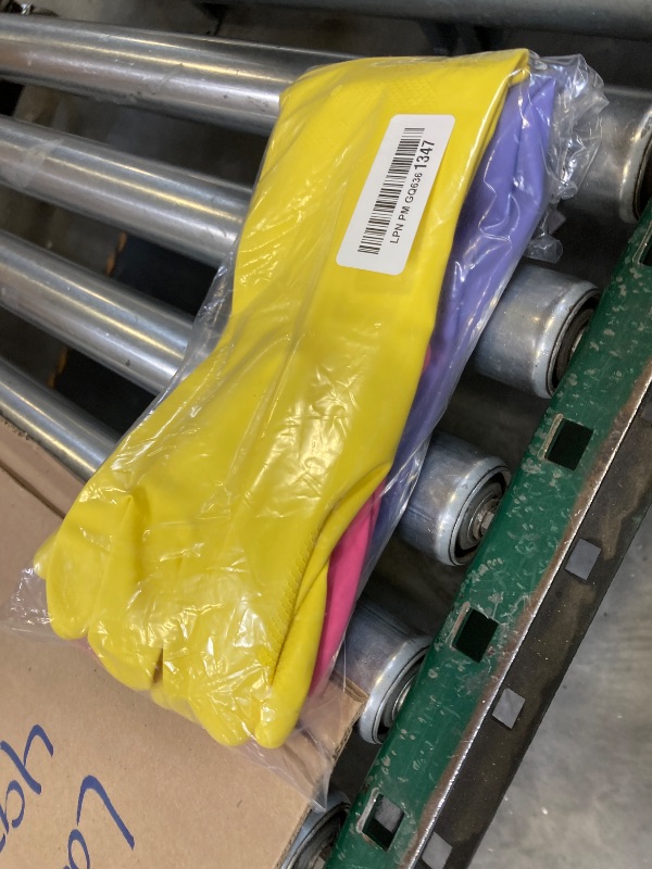 Photo 1 of SLICK KIT Rubber Kitchen Cleaning Gloves, Reusable Dishwashing Gloves, Non-Slip, with Flocked Liner, 3 Pairs (Pink+Yellow+Blue) (Medium)