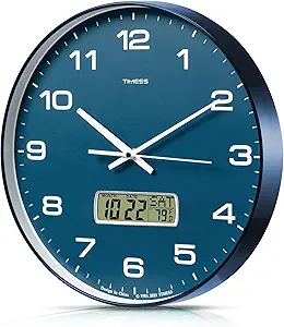 Photo 1 of TIMESS Wall Clock, 14" Large Dial Non-Ticking Silent Battery Operated Analog with LCD Display for Perpetual Calendar and F° Temperature, Ideal Modern Home, Bedroom, Kitchen, Office Decor (Blue)
