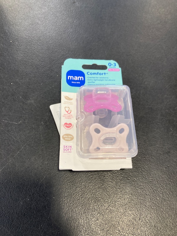 Photo 1 of MAM Comfort Baby Pacifier 0-3 Months Specially for Smaller Newborn Mouths, Lightweight One-Piece BPA-Free Silicone, Easy to Clean, Best for Breastfed Babies, 2 Pk, Sterilizer Case, Made in Europe