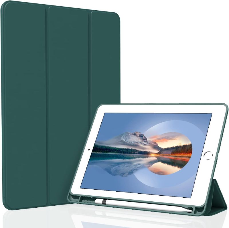 Photo 1 of Case for iPad 10.2 2021/2020/2019, Smart Lightweight Trifold Stand Cover, Auto Sleep/Wake Soft TPU Pencil Holder Case for iPad 10.2 inch 9th/8th/7th Generation - Dark Green