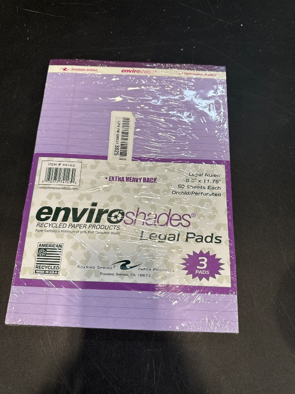 Photo 1 of ROARING SPRING Enviroshades Orchid Legal Pads, 3 Pack, Legal Ruled Recycled Colored Writing Note Pads, 8.5" x 11", 50 Sheets, Perforated Paper, Made in USA, Memo Pad For School & Office