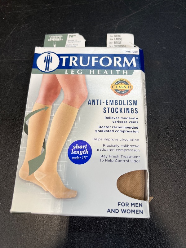 Photo 1 of Truform Anti-Embolism Medical Compression Stockings for Post Surgery Hospital Recovery, DVT, Edema, Swelling, Embolism, 18 mmHg, Men & Women Knee High Length, Open Toe, Beige, Large (short length)
