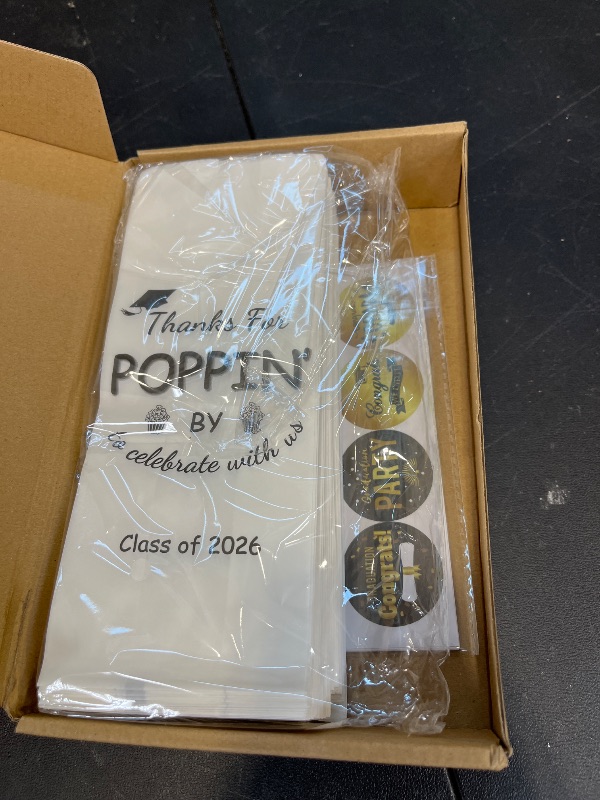 Photo 1 of AmazingSpark 50 Pcs Class of 2026 Graduation Popcorn Bags with Stickers Thanks for Popping by Popcorn Bags to Celebrate Smile Style Grease Resistant Paper Individual Servings for Party Favors (Black)