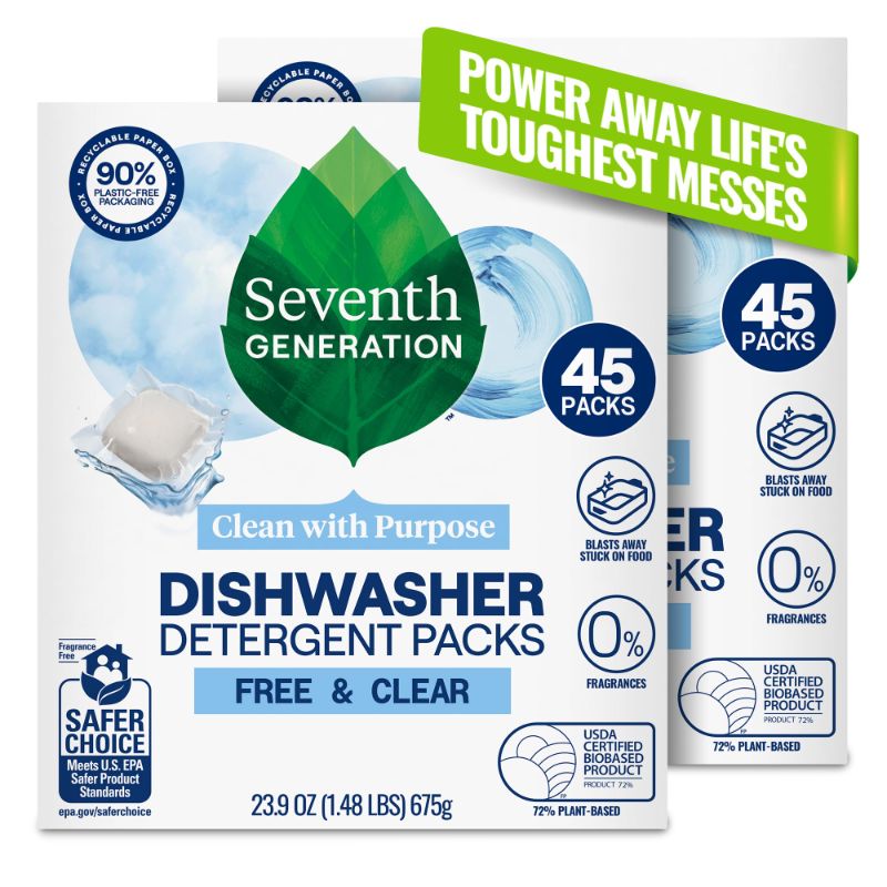 Photo 1 of Seventh Generation Dishwasher Detergent Packs, Free & Clear, 45 Count, Pack of 2, Plant Powered Cleaning, Fights Greasy Reside & Stuck-On Food For Sparkling Dishes, Fragrance-Free & Septic Safe