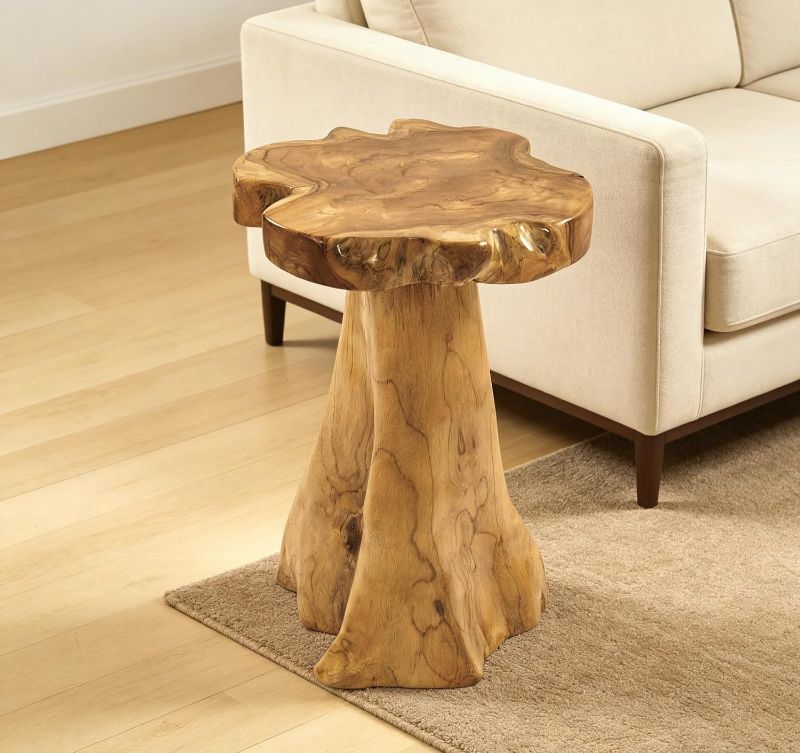 Photo 1 of Greenage Solid Teak Wood Plant Stand 15.5" x 15.5" x 19.5" H | Rustic Live Edge End Table for Living Room Bedroom | Tree Stump Style Side Table for Coffee or Courtyard Decor