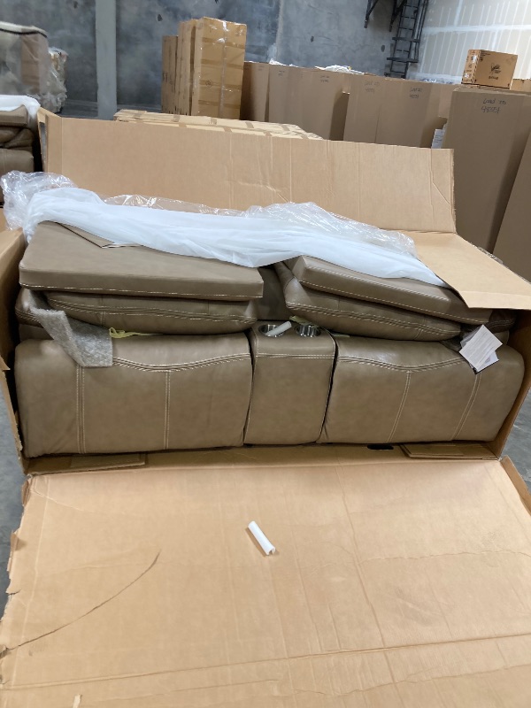 Photo 1 of Signature Design by Ashley Ricmen Leather Adjustable Dual Sided Power Reclining Loveseat with USB Charging & Console, Light Brown----FACTORY SEALED -----PLEASE BRING TRUCK UPON PICK UP ITEM IS XL