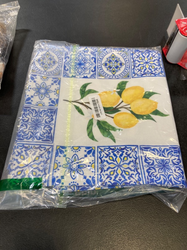 Photo 1 of JanJCurt Yellow Lemon Table Runner, Blue Tiles Summer Holiday Tasty Fruit Healthy Fruit Vintage Watercolor Rustic Botanic Table Cover for Party Picnic Dining Room Kitchen, 13x90inch