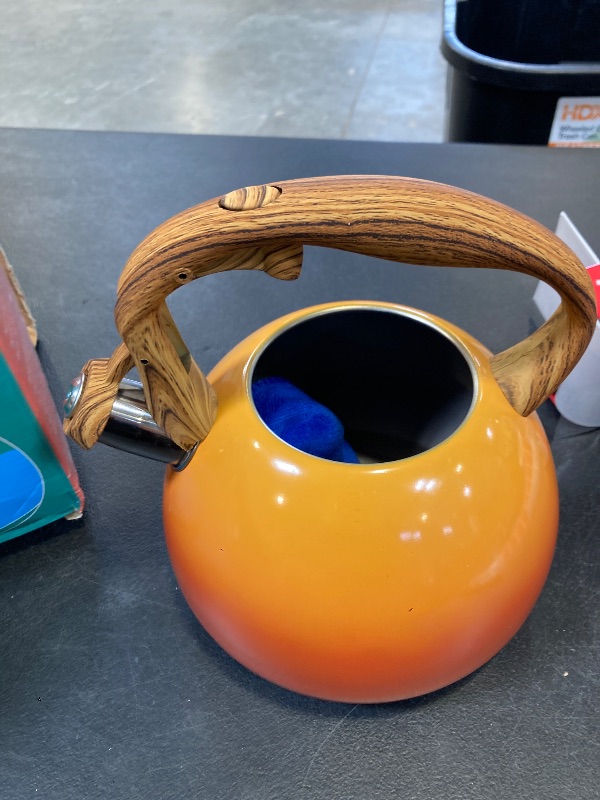 Photo 1 of Foedo Tea Kettle Stovetop, 3.2Qt Stainless Steel Tea pots with Wood Grain Handle Food Grade Whistling Tea kettle,Induction/Gas Stoves (Orange-Red Gradient)