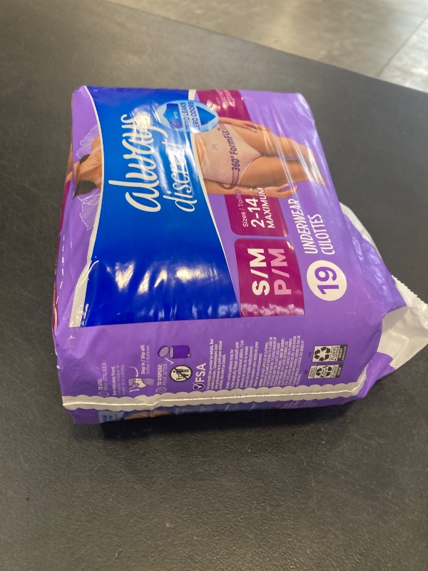 View 2 of Always Discreet Adult Diapers for Women, Incontinence Underwear, Postpartum Essentials, Disposable Briefs, Max Absorbency, Bladder Leak Protection, Small/Medium, 19ct