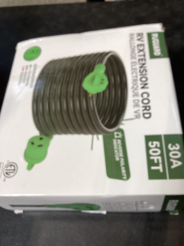 Photo 1 of RVGUARD 30 Amp 50 Foot RV Extension Cord with Reverse Polarity Indicator, Heavy Duty 10/3 Gauge STW Cord with Cord Organizer, TT-30P/R Standard Plug, Green, ETL Listed