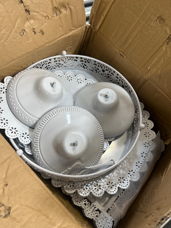 Photo 1 of Fivenl 8 Pcs Cake Stand White Metal Dessert Table Display Set, 3-Tier Cupcake Stand, Cake Display Tower and Cookie Tray Rack Serving Tray for Birthday Party, Weddings, Baby Shower (White)