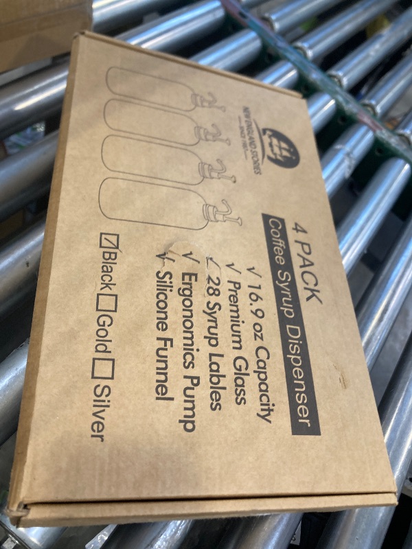 Photo 1 of 16.9 oz/500 ml Coffee Syrup Dispenser Set - 4 Glass Bottles with Black Pumper and Syrup Labels - Precise Dispensing and Stylish Addition to Coffee Shop, Cafe or Home Bar