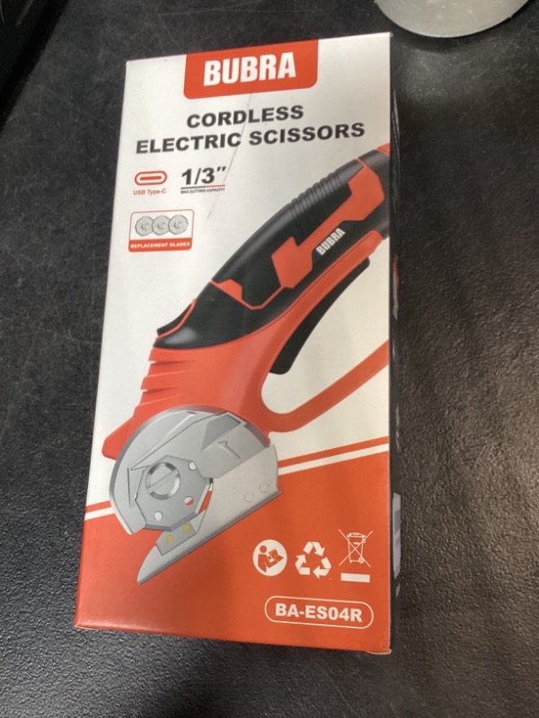 Photo 1 of Cordless Electric Scissors 4V Rechargeable Cardboard Cutter with 4 SK5 Blades, 2000mAh Battery, LED Light, Electric Box Cutter 1/3” Cutting Capacity Power Cutter for Fabric Carpet Leather DIY - Orange