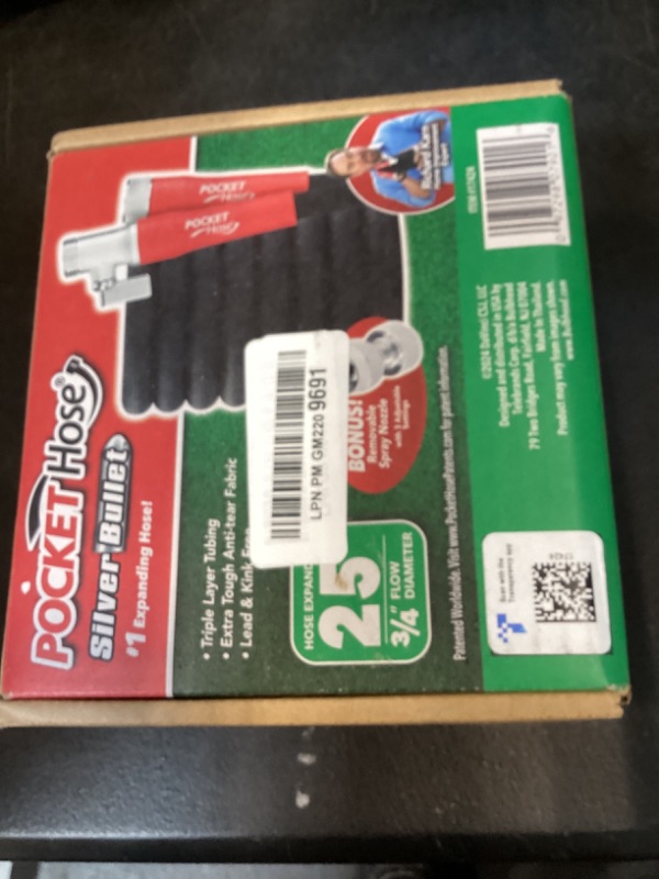 Photo 1 of Pocket Hose 25 FT Silver Bullet 2.0 Expandable Garden Hose w/Turbo Shot Nozzle, AS SEEN ON TV, Lead-Free, Solid Aluminum Connectors, Easy On/Off Valve, Kink-Free, Leak-Proof