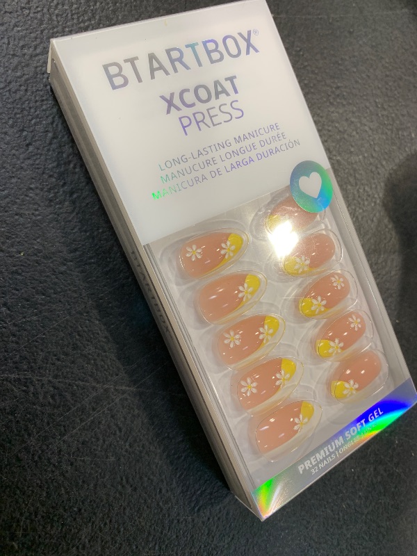 Photo 1 of BTArtbox French Tip Press On Nails - Lamp-Curable Short Almond Press On Nails with Glue for Women, Semi-Transparent Soft Gel Glue On Nails in 16 Sizes - 32 Stick On Nails Kit, Daisy