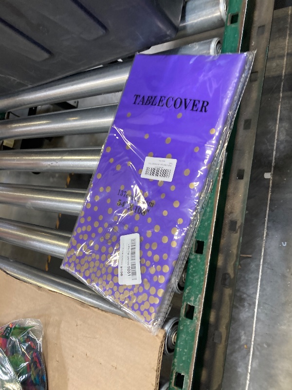 Photo 1 of LIKAJON 2 Pack Purple and Gold Dot Tablecloth, Plastic Table Cloths for Parties Disposable, 54x108 in Waterproof Rectangular Purple Camping Tablecloth for Birthday Party Graduation Picnic
