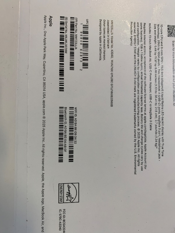 Photo 1 of Apple 2025 MacBook Air 13-inch Laptop with M4 chip: Built for Apple Intelligence, 13.6-inch Liquid Retina Display, 16GB Unified Memory, 256GB SSD Storage, 12MP Center Stage Camera, Touch ID; Midnight