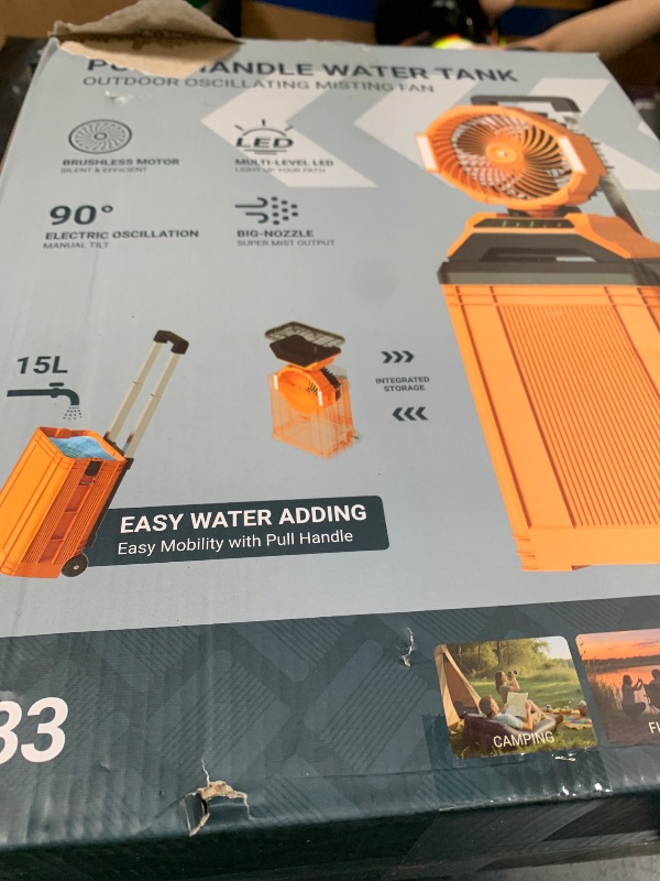 Photo 1 of **USED, INCOMPLETE** 15L Bucket Portable Misting Fan, 30000mAh Rechargeable Battery Powered Oscillating Cooling Fan, 4 Strong Winds, Brushless Motor Outdoor Fans for Fishing/Travel/Garden/Golf/Tent/Office