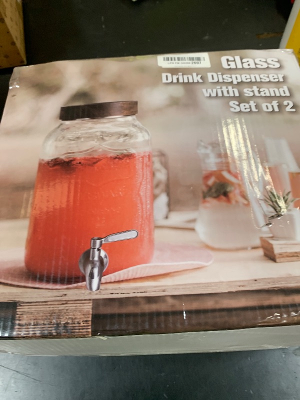 Photo 1 of mustry Glass Drink Dispenser for Parties, 1 Gallon Beverage Dispenser with Stand and Spigot Solid Stainless Steel, Used as Lemonade Dispenser Sun Tea Jar Kombucha Jar, Set of 2