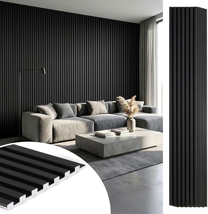 Photo 1 of WPC Acoustic Slat Wall Panels 8-Pack 96'' x 6'', Accent 3D Wall Panel for Interior Wall Decor, Waterproof Fluted Textured Panel Wall Slats,Solid Black (Cover Approx.32 sq.ft)