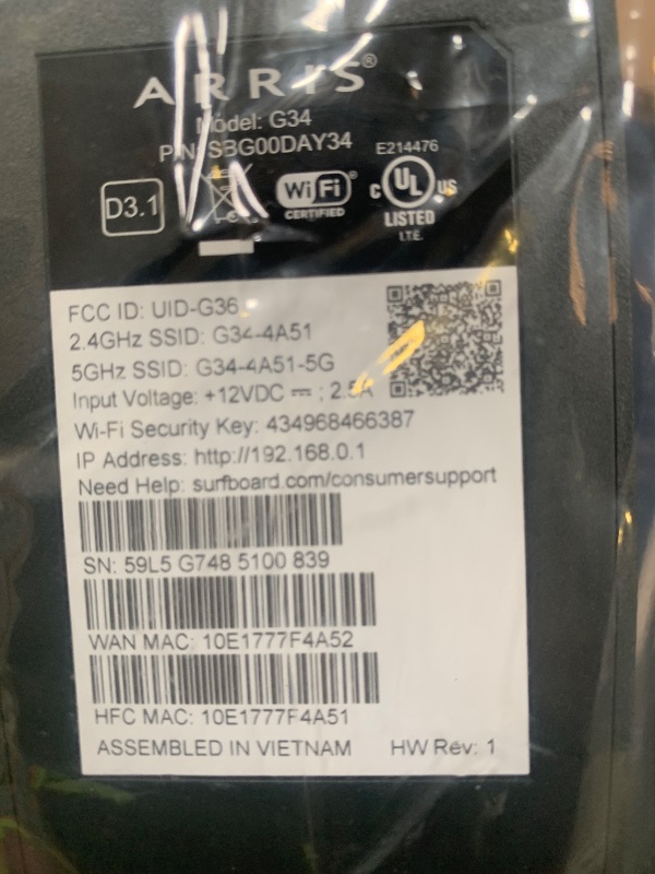 Photo 1 of ARRIS (G34) - Cable Modem Router Combo - Fast DOCSIS 3.1 Gigabit WiFi 6 (AX3000), Approved for Comcast Xfinity, Cox, Spectrum & More, 1 Gbps Max Internet Speeds