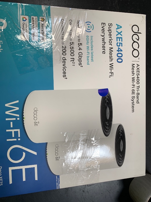Photo 1 of TP-Link Deco XE75 AXE5400 Tri-Band WiFi 6E Mesh System - Covers up to 5500 Sq.Ft, Replaces WiFi Router and Extender, AI-Driven Mesh, 6GHz Band, 2-Pack