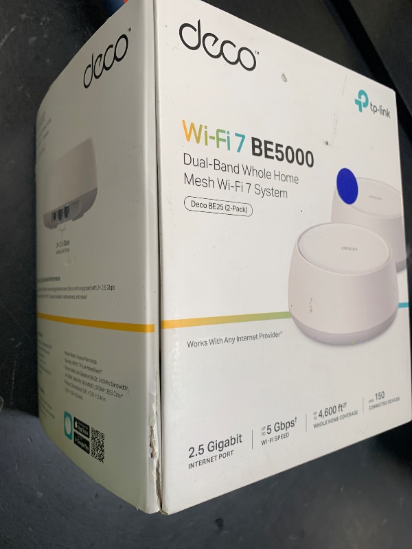 Photo 1 of TP-Link Deco 7 BE25 Dual-Band BE5000 WiFi 7 Mesh Wi-Fi System | 4-Stream 5 Gbps, 240 Mhz Channels | Covers up to 4,600 Sq.Ft | 2X 2.5G Ports Wired Backhaul | VPN,MLO, AI-Roaming, HomeShield, 2-Pack