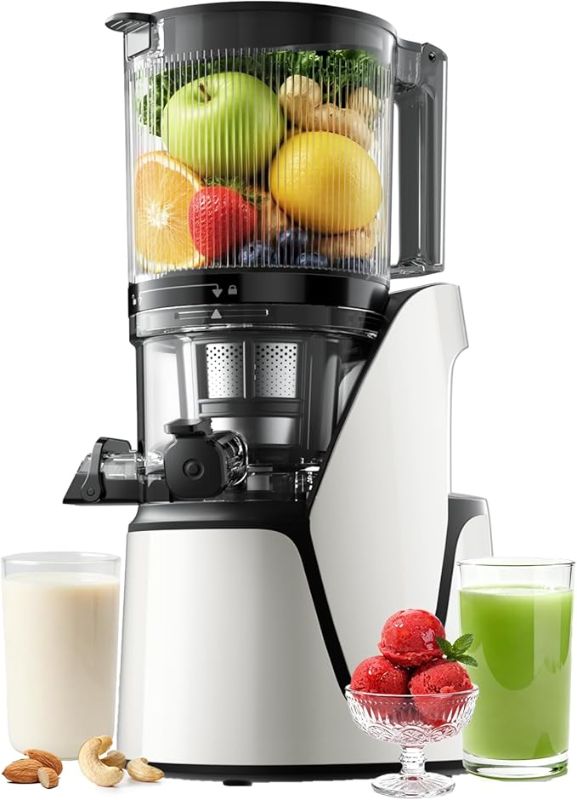 Photo 1 of EanOruus Juicer Machines, 3-in-1 Cold Press Juicer with 6.5" Extra Large Chute, 100oz Large Capacity, AC Motor, Makes Juice, Nut Milk & Sorbet, Bright White
