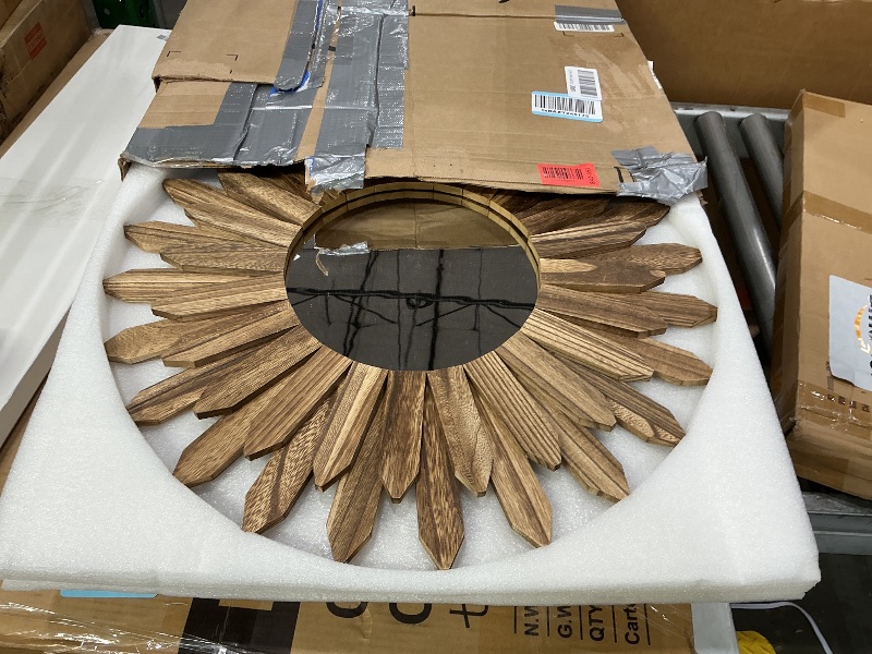 Photo 1 of [WOODEN PIECES ARE DAMAGED] Emfogo Wall Mirror 21 inch Rustic Wood Sunburst Boho Mirror Wall Decor Home Decor for Bedroom Living Room Entryway Farmhouse (Carbonized Black)