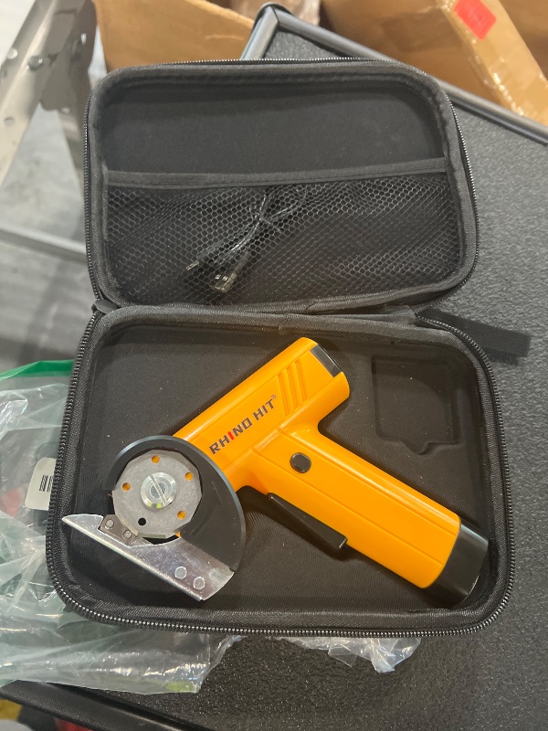 Photo 1 of *** MISSING PIECES **** Rhino Cordless Electric Scissors, Rechargeable Rotary Cardboard Cutter with LED Light & Safety Lock, 4-Speed Adjustable, 3 Blades for Fabric, Carpet, Leather & Carton, with Storage Case(yellow)