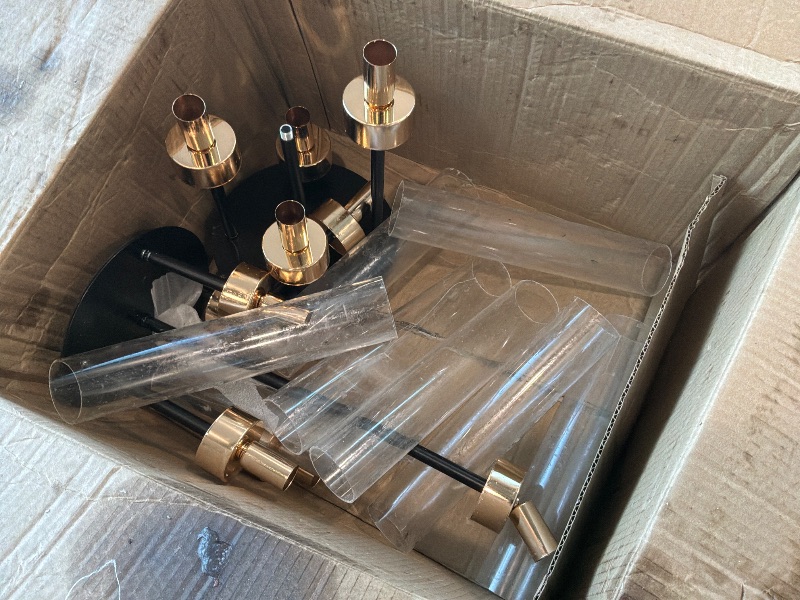 Photo 1 of [Heavily Used] KEHAIL 2 PCS 5-Arm Black+Gold Metal Table Candelabra Centerpiece, 22" Tall Clear Acrylic Candlesticks Holder with Shade for Valentines Day Events Party Table Centerpiece,Fit LED Candles