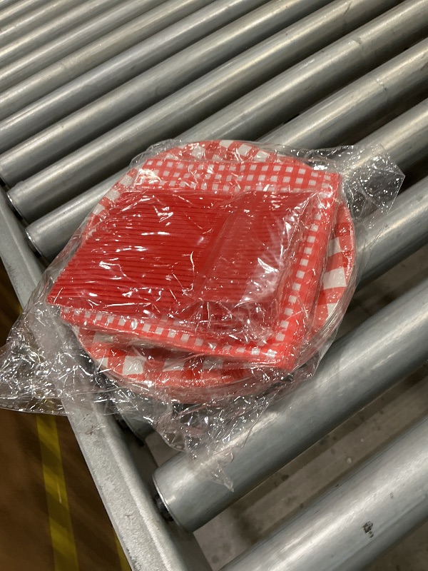 Photo 1 of 100 Pcs Red White Gingham Party Supplies Set, Serves 25 – Disposable Checkered Paper Plates, Napkins, and Forks, Classic Picnic Themed Tableware for BBQ, Outdoor, Birthday, Holiday Party Decorations
